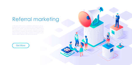 Referral marketing isometric landing page vector template. Advertising business website homepage interface illustration layout. Customers network development web banner isometry conceptのイラスト素材