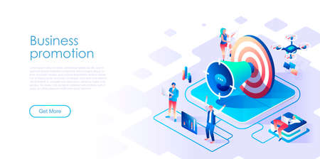 Business promotion isometric landing page vector template. Professional marketing service website homepage UI illustration layout. Corporate identity development web banner isometry conceptのイラスト素材