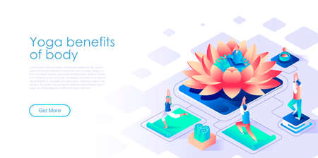 Yoga benefits for body isometric landing page vector template. Healthy lifestyle, fitness training website homepage interface illustration layout. Pilates web banner isometry conceptのイラスト素材