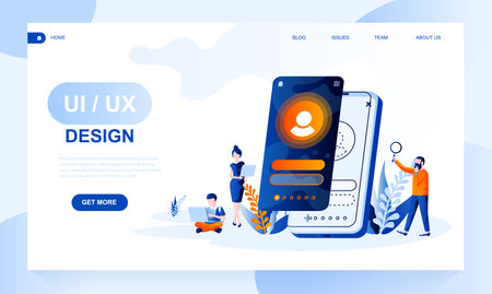 Ui, ux design vector landing page template with header. Application interface designers web banner,...