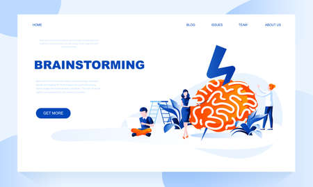 Brainstorming vector landing page template with header. Idea generation web banner, homepage design with flat illustrations. Creative thinking. Innovative business solution website layoutのイラスト素材