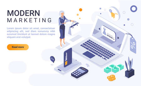 Modern marketing landing page vector template with isometric illustration. Advertising business homepage interface layout with isometry. Online technology for customer attraction. 3d webpage designのイラスト素材