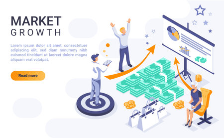 Market growth landing page vector template with isometric illustration. Company expansion strategies homepage interface layout with isometry. Business development 3d webpage design ideaのイラスト素材