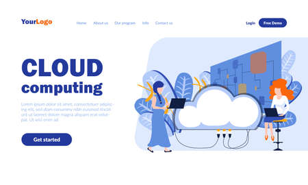 Cloud computing vector landing page template with header. Server, hosting web banner, homepage design with flat illustrations. Internet resource, database, online data storage conceptのイラスト素材