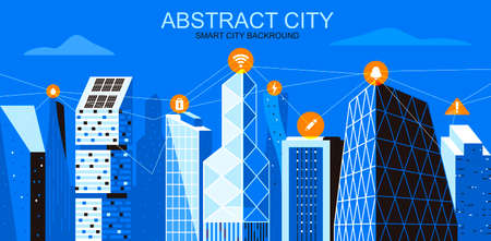 Vector illustration in simple flat style - cityscape with wireless information network - abstract IOT banner and smart city background with copy space for text - header image for landing page.のイラスト素材