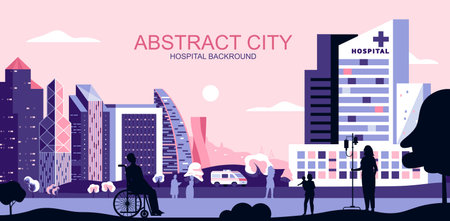 Vector illustration in simple flat style - cityscape with medical clinic treatment center - abstract...