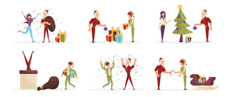Santa claus and elf cartoon characters set. Cheerful men in traditional christmas outfits delivering presents flat vector illustrations pack. Happy people celebrating new year, winter holidayのイラスト素材