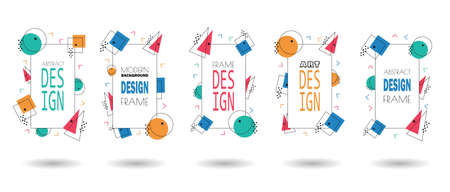 Set of memphis frame. Minimal lines and dots pattern shapes, 80s minimalist frames design and retro hipster geometric elements halftone. Business cards, invitations, gift cards, flyers, brochures.のイラスト素材