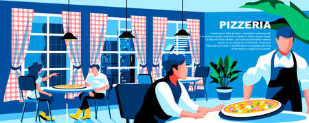 Pizzeria flat vector landing page template. Italian food restaurant contemporary interior banner layout with header. Cafe waiter character holding pizza cartoon illustration with text spaceのイラスト素材