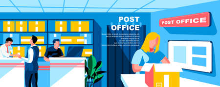 Post office flat vector landing page template. Postal service workers. Mail delivering banner layout with header. People getting and sending parcels cartoon illustration with text spaceのイラスト素材