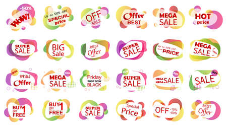 Set of sale banner badge templates. Stickers best offer price and big sale pricing tag badge design. Limited sales offer label or store discount banner card. Shopping coupon. Vector illustration.のイラスト素材