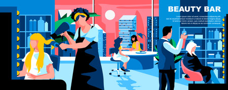 Beauty bar flat vector landing page template. Hairdresser salon, manicurist service banner layout with header. Women hair stylist modern parlour cartoon illustration with text spaceのイラスト素材