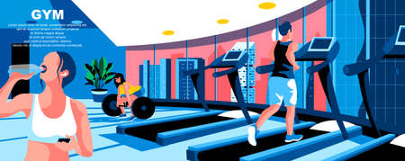 Gym flat vector landing page template. Modern fitness club with weightlifting and running equipment banner layout with header. People exercising cartoon illustration with text spaceのイラスト素材