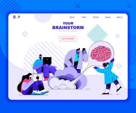 Brainstorming landing page vector template. Corporate strategy planning website header UI layout with flat illustration. Creative thinking and imagination web banner flat conceptのイラスト素材