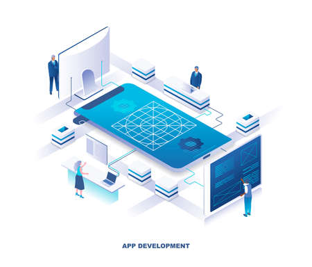 Mobile application development isometric landing page. Concept with tiny people standing at control panels around giant smartphone, developing app or software. Modern vector illustration for website.のイラスト素材