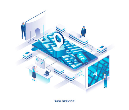 Mobile application for taxi or cab booking service isometric landing page. Concept with tiny people...