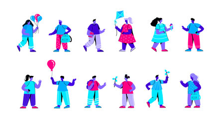 Set of kindergarten children playing with pinwheels, kites, eating ice cream. Bundle of primary or elementary school kids, pupils, classmates. Happy childhood. Flat blue vector illustration.のイラスト素材