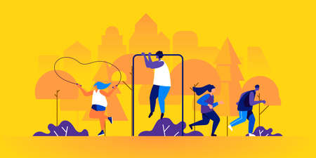 Male and female athletes jogging or running, jumping with rope, performing pull-ups in park. Outdoor sports training, street workout or fitness exercise. Modern flat cartoon vector illustration.のイラスト素材