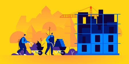 Builders working on construction site. Pair of workers using wheelbarrows to carry bricks and...