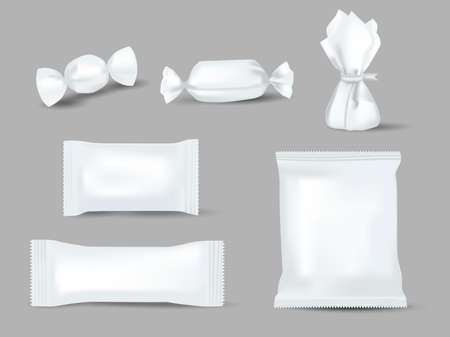 Realistic mockups of candy wrappers on grey background. Sweet, biscuit, wafer, cracker, and chocolate bar, candy bar or snacks package set ready for branding. White sweetmeat pack vector illustration.のイラスト素材