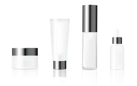 Realistic mockups of containers for cream, essential oil and lotion. Cosmetics product package set for branding. White plastic bottles with silvery caps vector illustration. Skincare and beauty.のイラスト素材