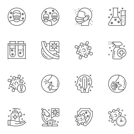 Virology diagnosis and treatment thin line icons set. Cough, fever and runny nose symptoms of sickness. Coronavirus laboratory research and testing vector illustration. Personal hygiene and quarantineのイラスト素材