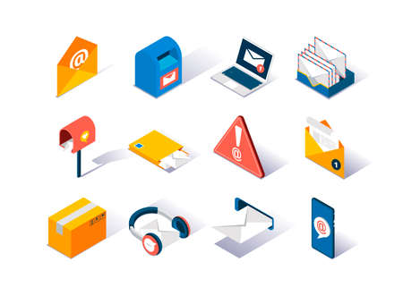 Email service provider isometric icons set. Delivery box, mail envelope, postbox, mobile application for online messaging. Email subscribe, online newsletter and internet marketing 3d vector isometry.のイラスト素材