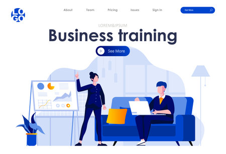 Business training flat landing page design. Business coach making presentation near whiteboard scene with header. Business education, coaching and company personnel training. Work process situation.のイラスト素材