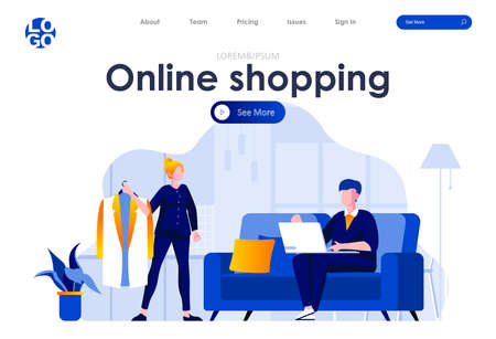Online shopping flat landing page design. Young couple choosing and buying clothes in online store at home scene with header. E-commerce business, web platform, customer shopping by internet situationのイラスト素材