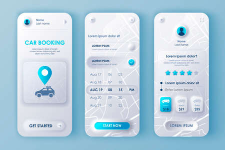 Car booking unique neomorphic design kit for mobile app neomorphism style. Online rent car order screens with prices. Car sharing service UI, UX template set. GUI for responsive mobile application.のイラスト素材