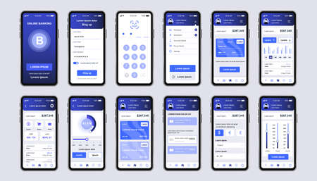 Online banking unique design kit for app. Mobile wallet screens with financial account and transaction confirmation. Financial management UI, UX template set. GUI for responsive mobile application.のイラスト素材