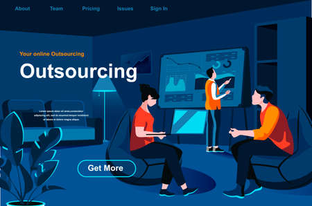 Outsourcing service isometric landing page. Developer and designer working with laptop in office website template. Professional and qualified outside resourcing perspective flat vector illustration.のイラスト素材