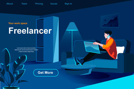 Freelance job isometric landing page. Young man working with laptop at home office website template. Remote work at company and self-employed occupation perspective flat design. Vector illustration.のイラスト素材