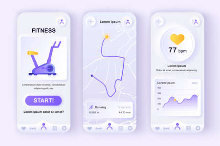 Fitness workout unique neumorphic design kit for mobile app. Fitness tracker screens with running route planner and heart rate monitor. Sport UI, UX template set. GUI for responsive mobile applicationのイラスト素材