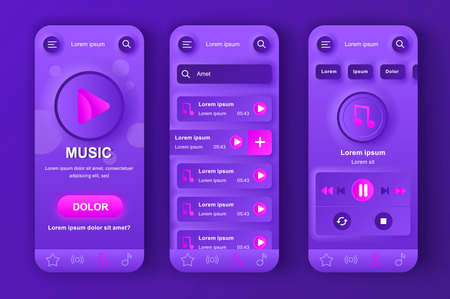 Music player unique neumorphic design kit for app. Favorite playlist with tracks, search music and audio streaming. Online music listening UI, UX template set. GUI for responsive mobile application.のイラスト素材