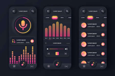 Music player unique neumorphic black design kit. Music app with voice recording, graphic equalizer and compositions playlist. Music listening UI, UX template set. GUI for responsive mobile applicationのイラスト素材