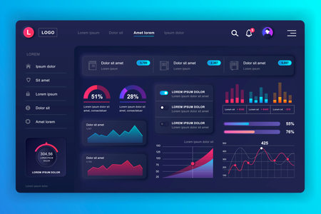 Neumorphic dashboard UI kit. Admin panel vector design template with infographic elements, HUD diagram, info graphics. Website dashboard for UI and UX design web page. Neumorphism style.のイラスト素材