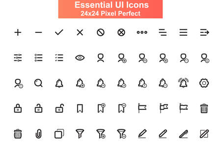 Essential UI icons set. Contacts and messaging simple UI, UX elements. Search, alert, settings, schedule line pictograms for website and mobile app GUI. 24x24 grid pixel perfect vector lined icon packのイラスト素材