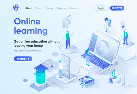 Online learning isometric landing page. Distance education, professional skills development and career growth. Interactive study template for CMS and website. Isometry scene with people characters.のイラスト素材