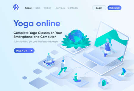 Yoga online isometric landing page. Distance training with instructor, exercising and meditating at home. Online yoga courses template for CMS and website. Isometry scene with people characters.のイラスト素材