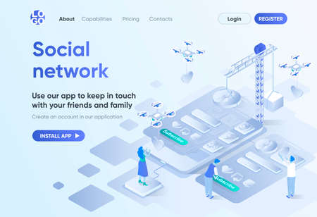 Social network isometric landing page. Mobile communication service, online chatting and media content sharing. Messaging template for CMS and website builder. Isometry scene with people charactersのイラスト素材