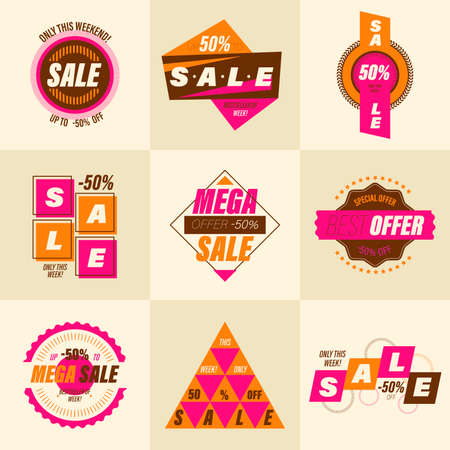 Set of retro sale badge. Stickers premium quality vintage style for social media ads and banners, website badges, marketing, labels and stickers for online shopping templates. Vector illustration.のイラスト素材