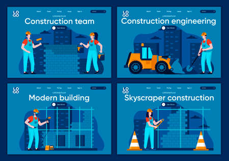 Construction engineering flat landing pages set. Welder, painter and bricklayer working at scenes for website or CMS web page. Modern building company, skyscraper construction vector illustration.のイラスト素材