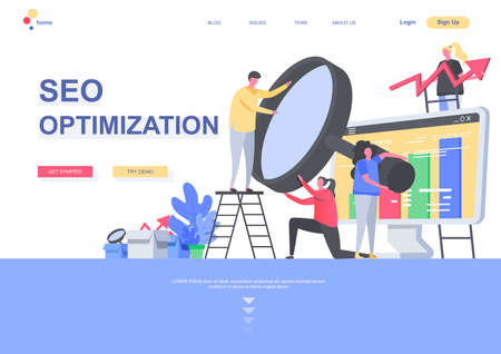 SEO optimization flat landing page template. Marketing team analyzing information with magnifying glass situation. Web page with people characters. Search engine optimisation vector illustration.のイラスト素材
