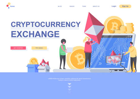 Cryptocurrency exchange flat landing page template. Digital money market, exchange and trading situation. Web page with people characters. Cryptocurrency and blockchain technology vector illustration.のイラスト素材