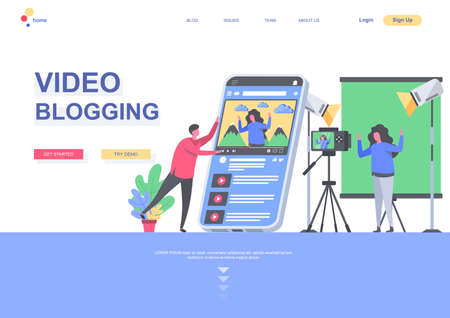 Video blogging flat landing page template. Blogger making video in studio, vlogging and streaming situation. Web page with people characters. Content production for social media vector illustration.のイラスト素材
