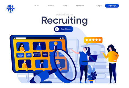 Recruiting flat landing page. HR manager carefully studying resumes of candidates vector illustration. Human resource management and staff headhunting web page composition with people characters.のイラスト素材