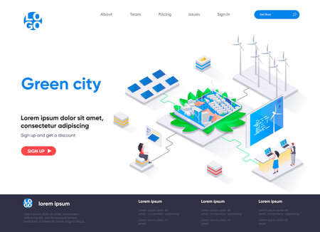 Green city isometric landing page. Ecology conservation and safety, renewable resources end green energy technology isometry web page. Website flat template, vector illustration with people charactersのイラスト素材