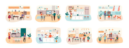 Cooking bundle of scenes with flat people characters. Happy people cooking on kitchen table at home conceptual situations. Family preparing food, delicious and healthy meal cartoon vector illustrationのイラスト素材