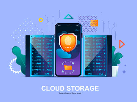 Cloud storage flat concept with gradients. Data backup mobile app, information security and privacy, web template. Virtualization technology, cloud database system 3d composition, vector illustration.のイラスト素材